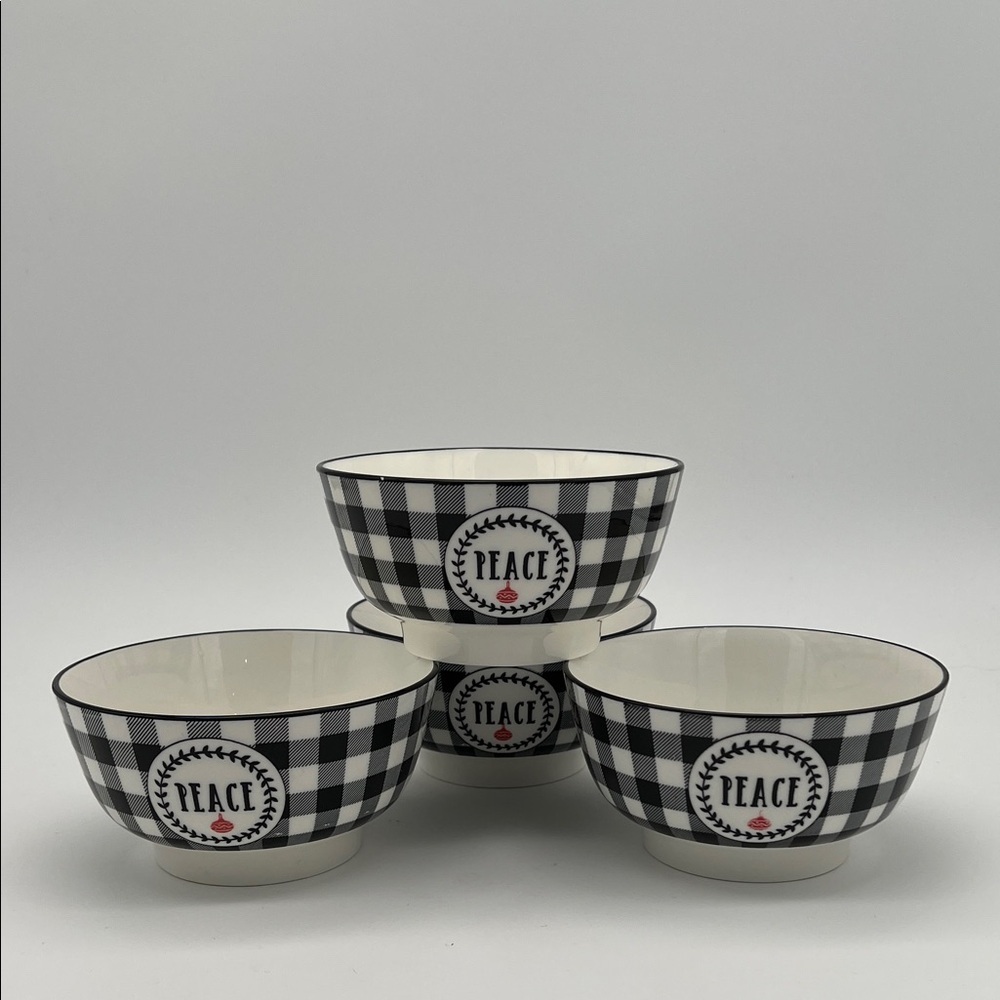 Christmas Holiday "Peace" Bowls 5.5" Diameter Black & White Checked (Set of 4) - Picture 2 of 12